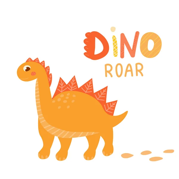 Cute baby dinosaur for children books on white background, dino baby character with scandinavian style lettering — стоковый вектор