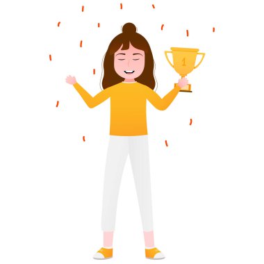 Elinde altın kupa olan genç bir kız, okuldaki yarışmanın tatlı birincisi ya da beyaz arka planda çizgi film tarzında bir çocuk bahçesi.