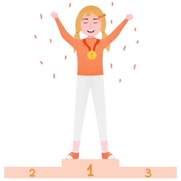Cute Little Girl Win Competition Standing Winner Podium Medal Success — Stock Vector