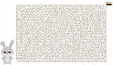Çizgi film tarzında şirin tavşan karakterli büyük çocuk labirenti havuç bulmada yardımcı olur, çocuk aktiviteleri yapar.
