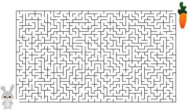 Beyaz arka planda çizgi film hayvanı, çocuk oyunu, çocuk kitapları için labirent, tavşanın büyük havucu bulmasına yardım etmek.