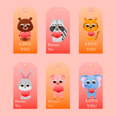 Sevgililer günü hediyeleri, kalbi olan sevimli hayvan karakterleri, seni seviyorum illüstrasyon, parti için basılabilir elementler.