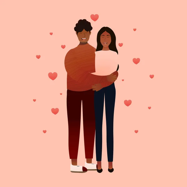在卡通片风格中拥抱的一对非洲夫妇 包括情人节卡片 恋爱关系 快乐的家庭笑 度蜜月 粉红背景的红心 — 图库矢量图片