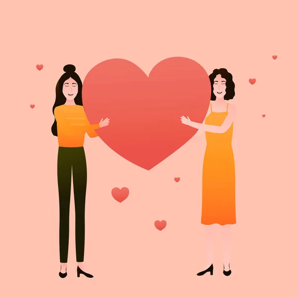 Femmes Heureuses Tenant Cœur Géant Carte Vœux Saint Valentin Relations — Image vectorielle