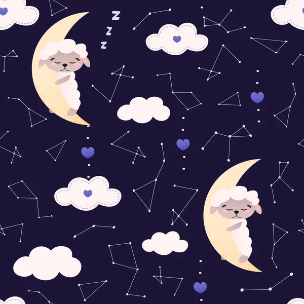Childish Sweet Dreams Pattern Cute Animal Character Sheep Sleeping Moon — Stock Vector