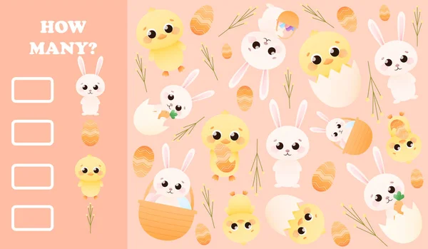 Çocuklar için sayma oyunu, sevimli hayvan karakterleri - tavşancık ve piliçler, Paskalya temalı basılabilir eğitim çalışma tablosu