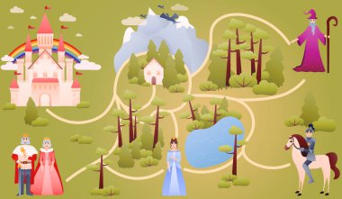 Şövalye, kraliyet ailesi ile ilgili bir dünya haritası - kral, kraliçe, prenses, büyücü ve ejderha, çocuklar için eğitim bilmecesi, bayanı kurtarmanın doğru yolunu bulmak, oyunlar için fantezi dünyası ya da çocuk kitapları