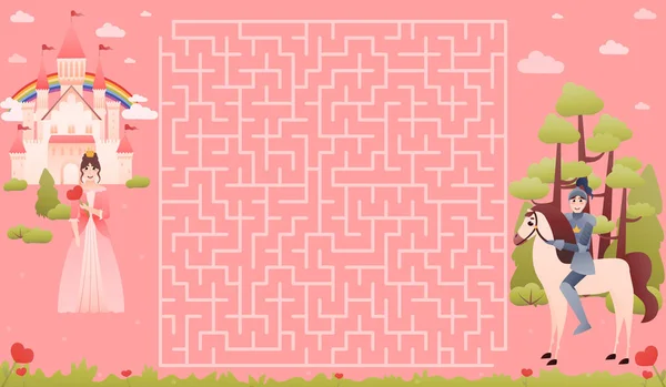 Şövalyesi olan çocuklar için eğitici masal labirenti, prensese giden doğru yolu bulmaya yardım et, basılabilir çizim bilmecesi