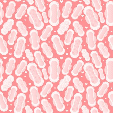 Pembe arka planda kusursuz desen farklı hijyenik peçeteler, posterler için kadın hijyen teması, kumaş ya da duvar kağıdı, çizgi film tarzında adet dönemi elementleri.