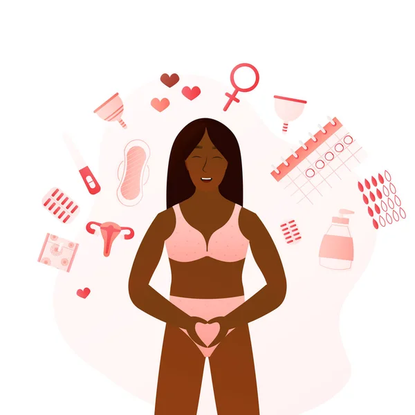 İç çamaşırlı Afrikalı bir kız, adet dönemi nesneleri. Rahim, hijyenik pedler, takvim, çizgi film tarzında beyaz arkaplan üzerine kadın sağlık teması.