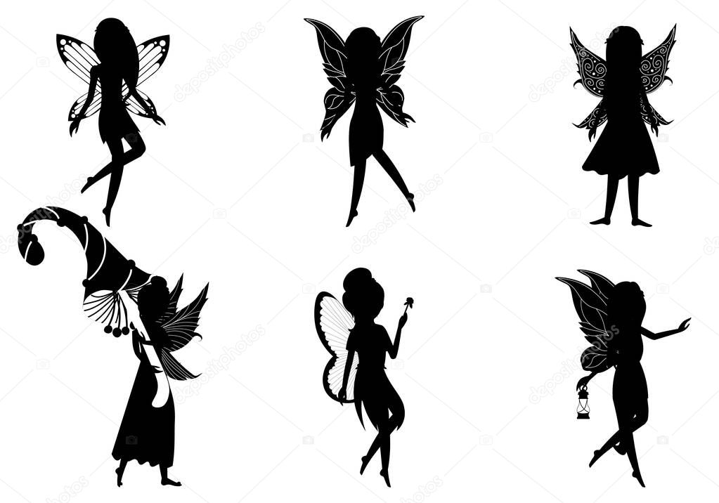 Set of silhouettes of flying fairies in different posses for kids on white background