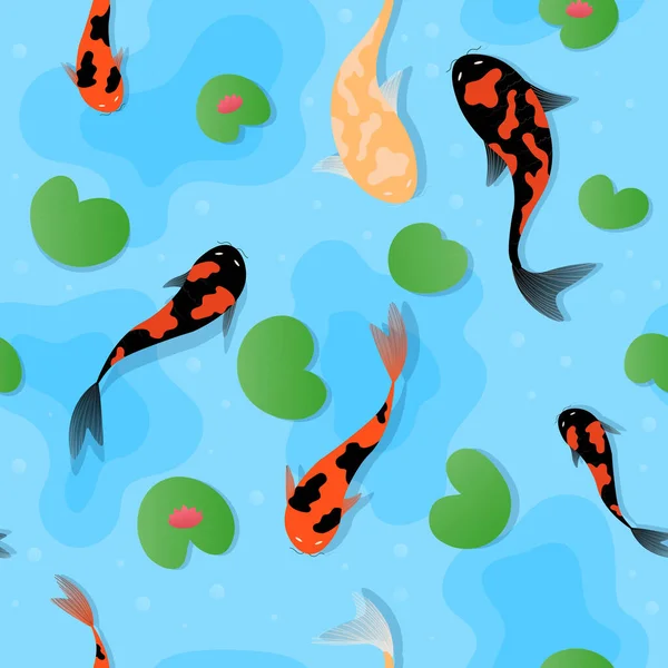无缝制图案 水中有科伊鲤鱼和荷花 日本文化符号 用于纺织品 印刷品或背景的卡通风格的东方动物装饰 — 图库矢量图片