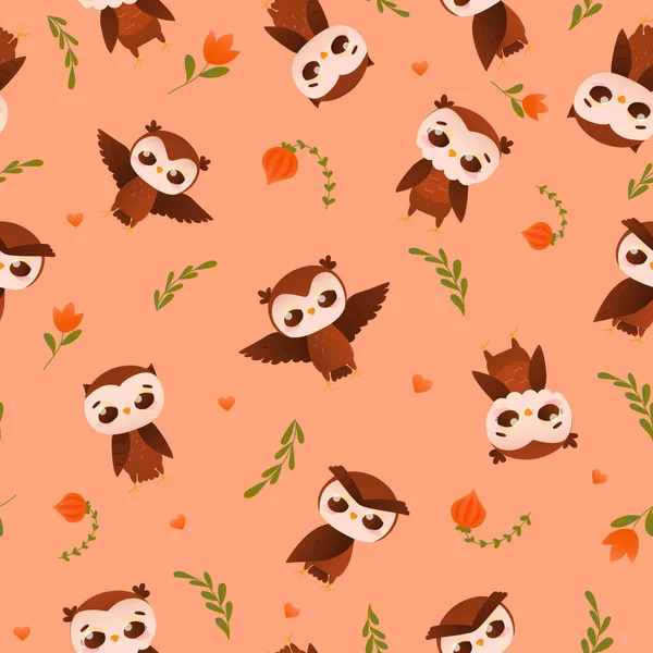 Owl pattern in childish cartoon style on pink background with floral elements, ornate for bedding, textile or print — 图库矢量图片