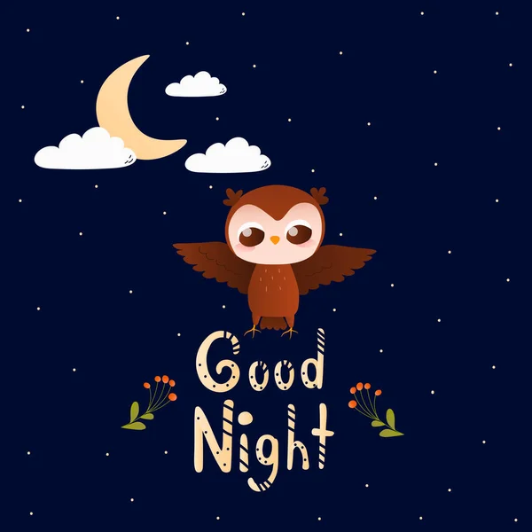 ตัวอักษรเด็ก คืนที่ดีกับนกฮูกตัวละครสัตว์น่ารักบินดวงจันทร์และดอกไม้บัตรเชิญวิเศษหรือโปสเตอร์ — ภาพเวกเตอร์สต็อก