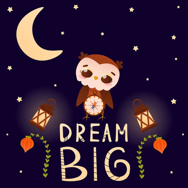 Dream big lettering with owl character on dark background, starry night with moon, travel tribal concept for children — Stock Vector