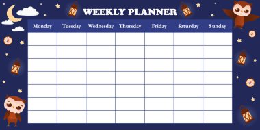 Baykuş karakterli sevimli haftalık planlama şablonu Ay ve yıldızlı karanlık arka planda farklı pozlarda