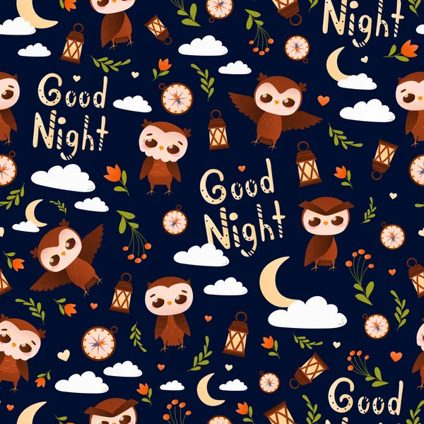 Good night seamless pattern with childish cute animal character owl on dark background, laterns and flowers — Stock Vector