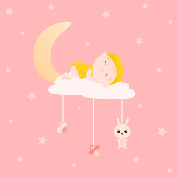 ฝันหวาน เด็กทารกนอนบนดวงจันทร์ในเมฆบนพื้นหลังหมุดที่มีองค์ประกอบดาวของเล่นและองค์ประกอบของทารก — ภาพเวกเตอร์สต็อก