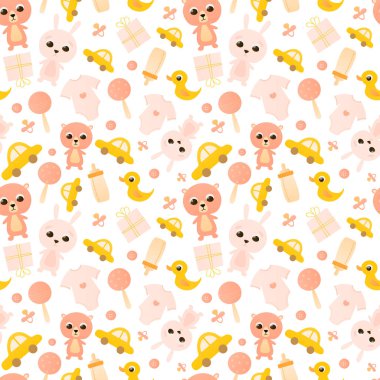 Pembe ayıcıklı, oyuncak tavşanlı ve yeni yürümeye başlayan kıyafetleri olan babasız bir bebek partisi.