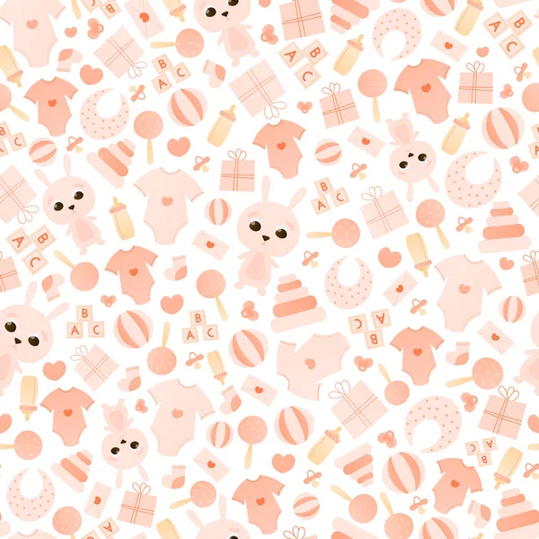 Seamless pattern for its girl baby shower party for print or textile, toddler related concept with kids toys and clothes — стоковый вектор