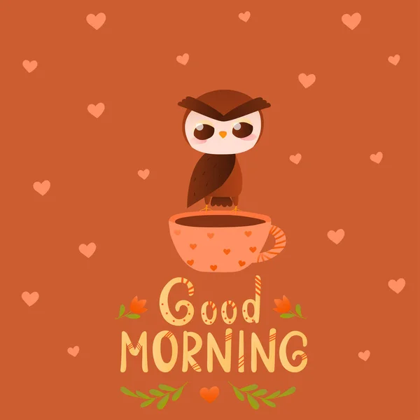 อรุณสวัสดิ์กับตัวละครนกฮูกเด็กๆ นั่งบนถ้วยกาแฟ ปลุกแนวคิดในสไตล์การ์ตูน — ภาพเวกเตอร์สต็อก