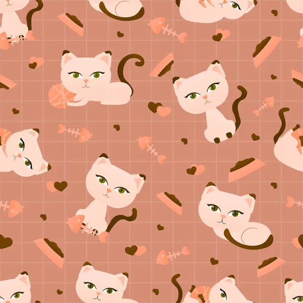 Seamless pattern with cartoon cat character in different poses on brown striped background with fish and food — Stock Vector