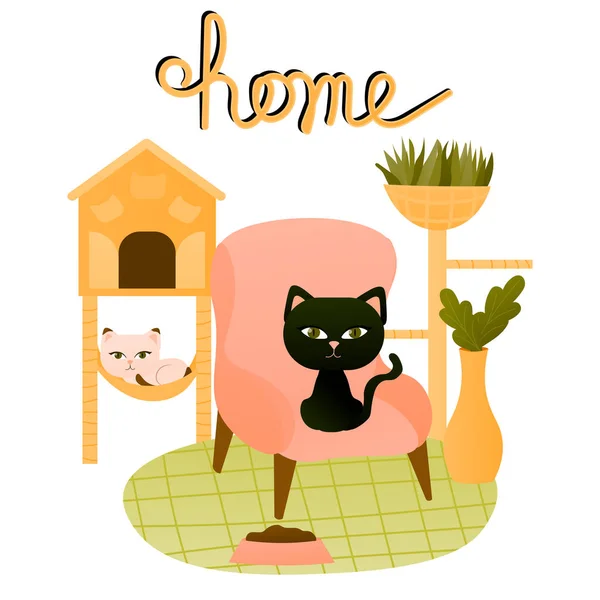 Katzenhaus-Konzept mit handgezeichneten Home-Schriftzügen isoliert auf weißem Hintergrund, Kätzchen im Sessel — Stockvektor