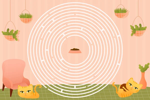 Tryckbara barn cirkel labyrint med söta djur tecken röda katter spelar, hjälp att hitta vägen till mat, frågesport för bok — Stock vektor
