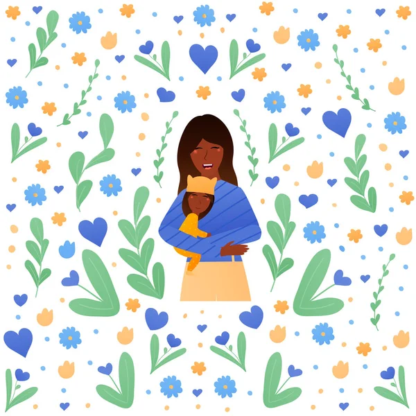Tender ilustração feliz mãe africana abraçando filha, flores ao seu redor, linda ilustração primavera — Vetor de Stock