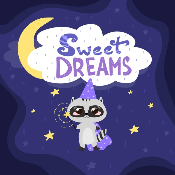 การ์ดความฝันหวานวิเศษ กับแรคคูนน่ารักๆ พร้อมไม้กายสิทธิ์ พ่อมดน้อย คืนที่เต็มไปด้วยดวงจันทร์ — ภาพเวกเตอร์สต็อก