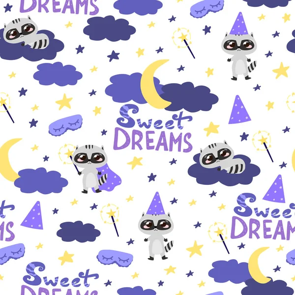 Seamless pattern with cute wizard raccoon and sweet dreams lettering, ornate for bedding, fabric or wrapping paper — Stock Vector