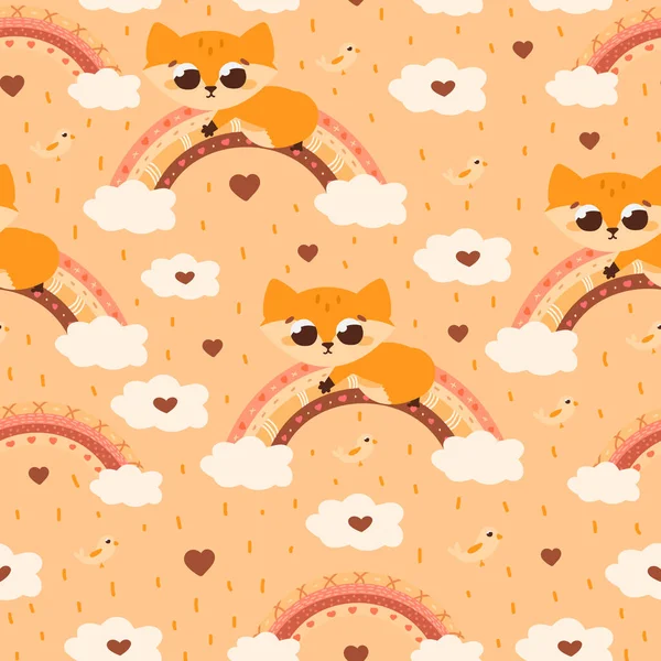 Seamlesss pattern with boho style fox and rainbows on light orange background for kids bedding or textile — Stock Vector