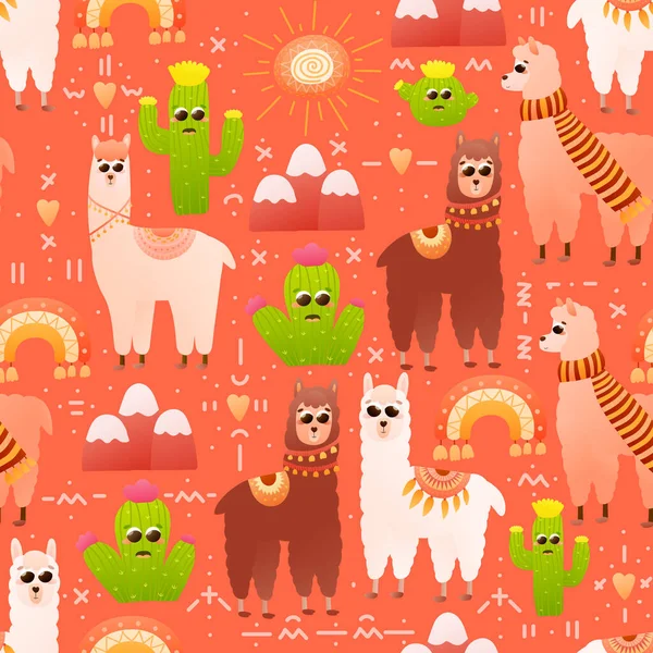 色彩斑斓的秘鲁无缝图案 羊驼和仙人掌 幼小可爱的美洲驼 有阳光和彩虹 华丽的纺织或面料 — 图库矢量图片