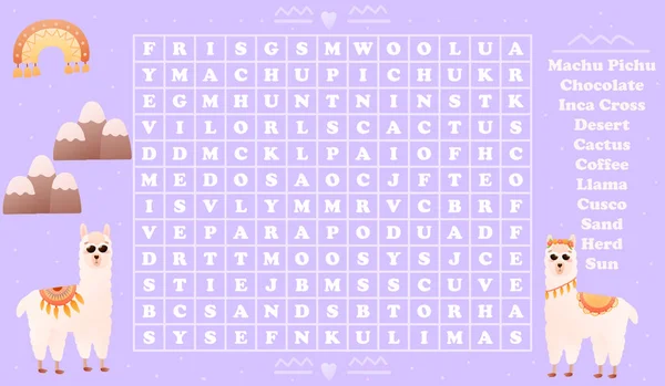 Alpaca theme word search game for kids on violet background with mountains and rainbow, cartoon style