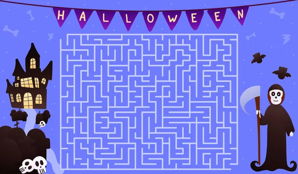 Pussel med söt lieman, hjälp att hitta rätt sätt att skrämmande hus, halloween tema labyrint spel för kalkylblad — Stock vektor