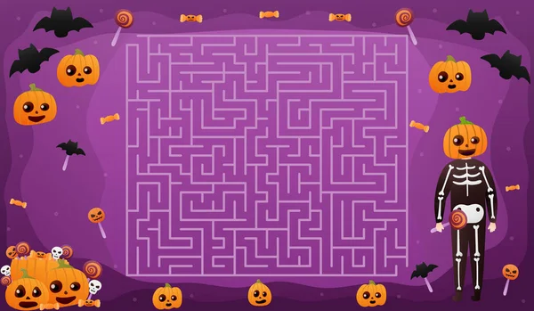 Laberinto de Halloween con lindo personaje de calabaza, ayuda a encontrar la manera correcta de dulces, murciélagos voladores sobre fondo púrpura — Vector de stock