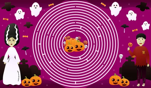 Cirkellabyrint för barn med färgstark frankenstein karaktär, hitta vägen till godis, söta pumpande ansikten och flygande spöken — Stock vektor
