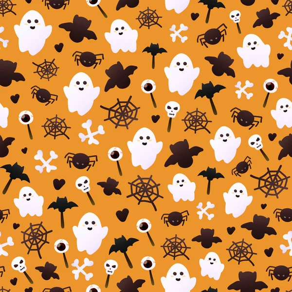 Färgglada spöket payyern för halloween med fladdermöss och spindlar, godis på orange bakgrund, utsmyckad för omslagspapper — Stock vektor