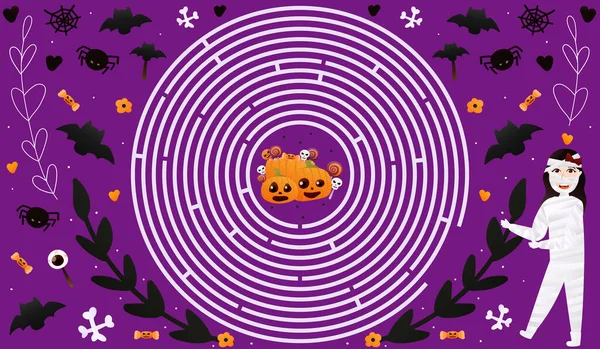 Feliz halloween niño laberinto con lindo monstruo personaje de vestuario sobre fondo violeta con murciélagos voladores, cráneos lindos — Vector de stock
