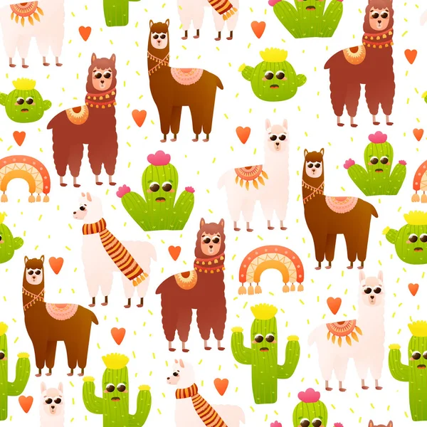 Patrón inconsútil de alpacas y cactus sobre fondo blanco, llamas coloridas en diferentes poses, adornos tribales perú — Vector de stock