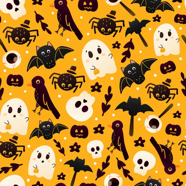 Färgglada orange halloween sömlöst mönster för omslagspapper eller textil med söta spindel, kråka och spökfigurer — Stock vektor