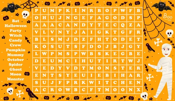 Färgglada halloween gåta för barn, ord sökning spel med mumie karaktär och fladdermöss, kuslig kalkylblad för barn — Stock vektor