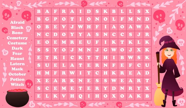 Word sökning pussel för barn med söt häxa karaktär och kittel med dryck på rosa bakgrund, färgglada spel — Stock vektor