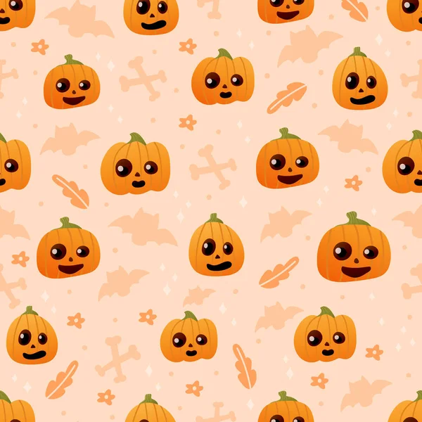 Cute pumpkin face seamless pattern on light background with bats and bones, halloween ornate for wrapping paper — Stock Vector
