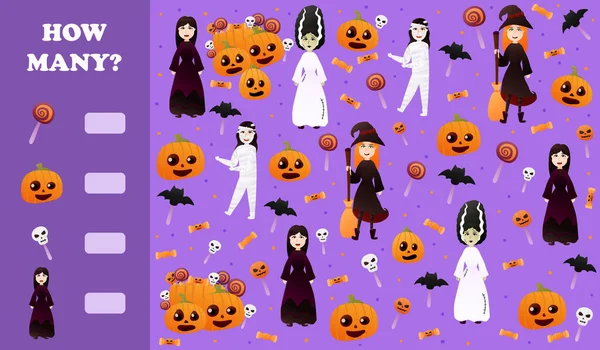 Hur många spel för barn med söta halloween tecken i tecknad stil på violett bakgrund med pumpor och fladdermöss — Stock vektor