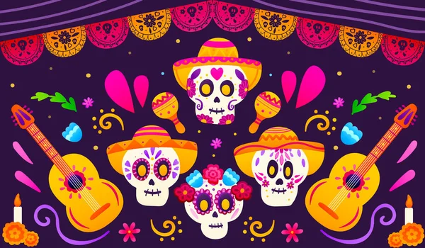 Jour de la bannière de salutation mexicaine morte avec crânes de sucre colorés, guitares et sombrero, guirlande traditionnelle en papier — Image vectorielle