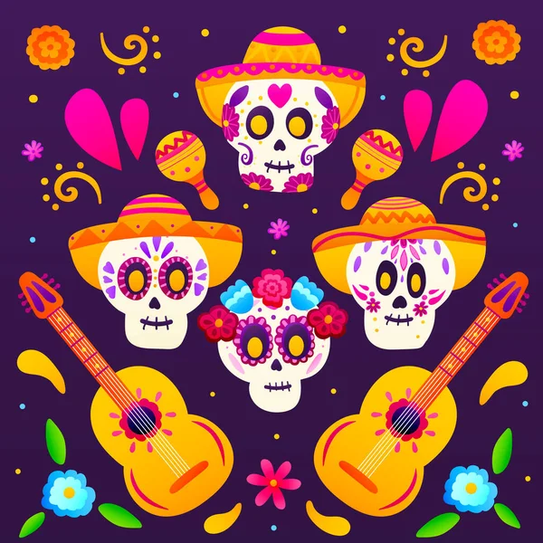 Renkli dia de los muertous tebrik kartı, kare kompozisyon şeker kafatası, çiçek unsurları, sombreros