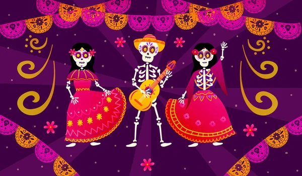 Dagen för de döda eller dia de los muertos med dansande skelett och spela gitarr, färgglada papper körtel — Stock vektor