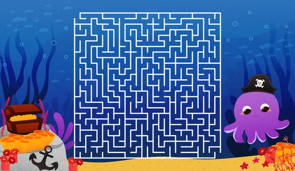Niedliche Krake für druckbares Arbeitsblatt für Kinder, den richtigen Weg zur Brust finden, Piratenthema Labyrinth, Unterwasser — Stockvektor