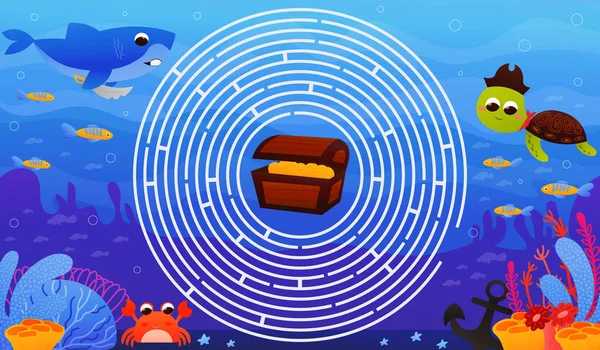 Şirin kaplumbağa ve köpekbalığı karakterli çocuklar için renkli çember labirenti. Hazine için doğru yolu bulmaya yardım et. Çizgi film tarzında sualtı vahşi yaşamı, basılabilir çalışma kağıtları.